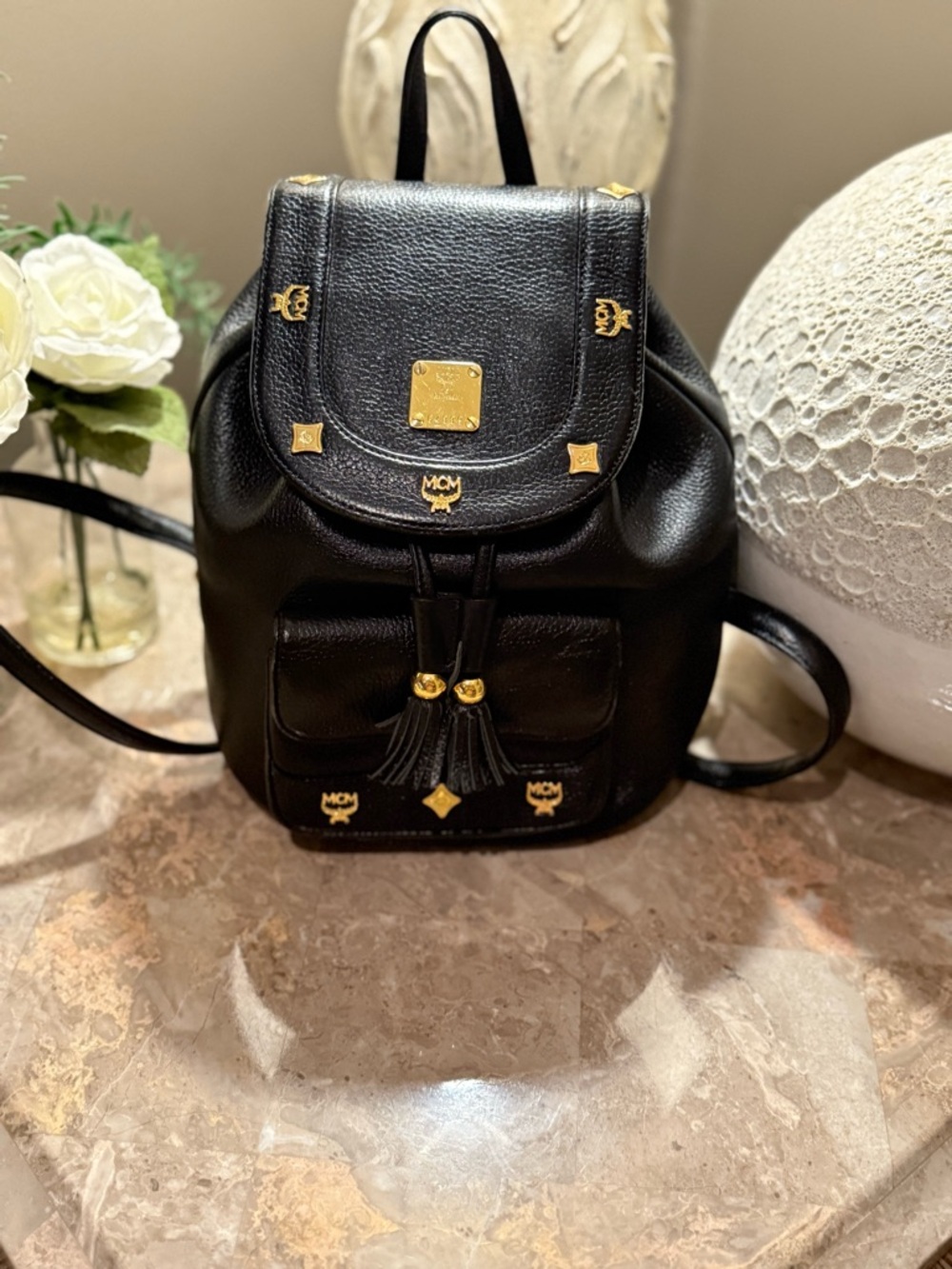 MCM Black Leather Visetos Mini Backpack with Gold Accents